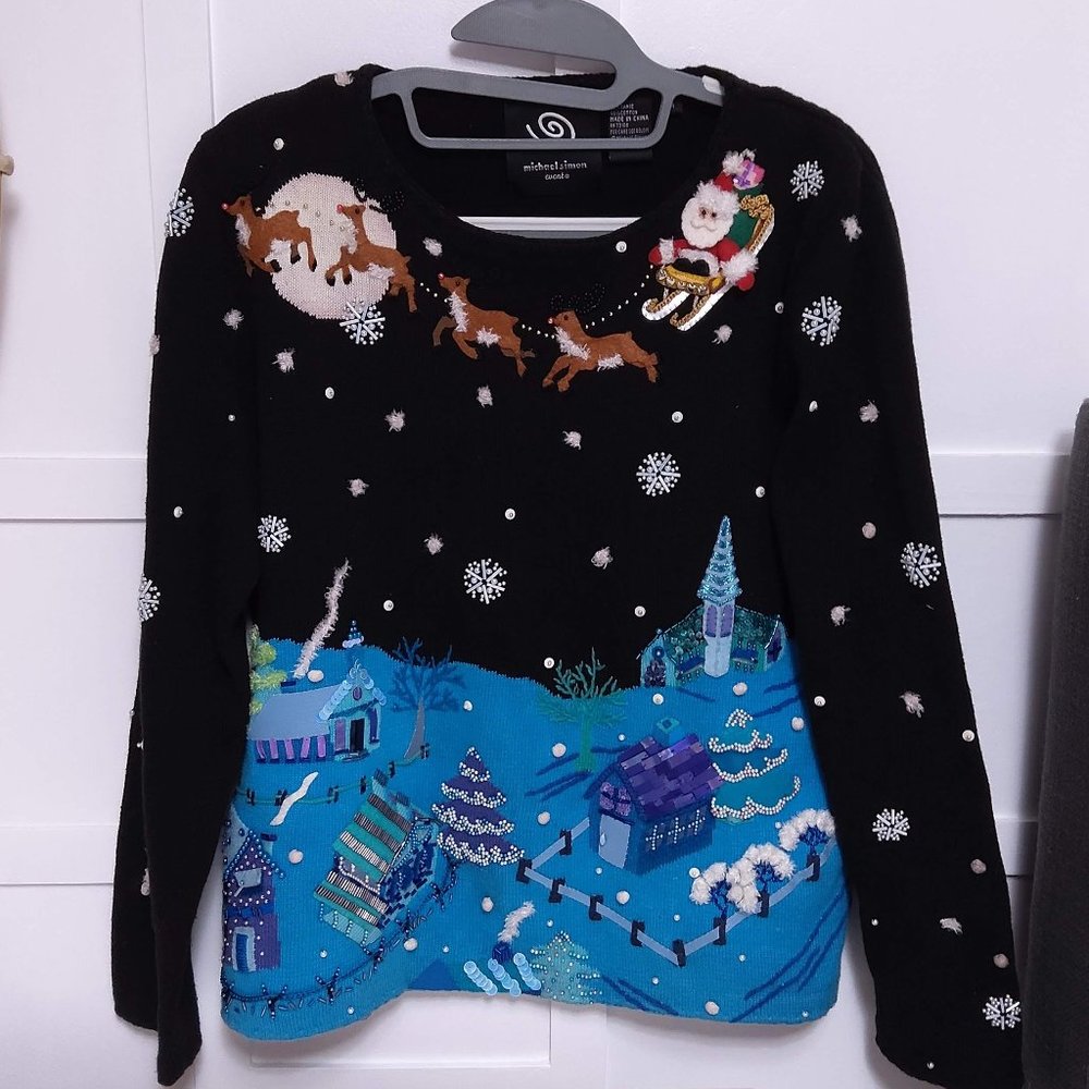 MICHAEL SIMON Christmas Sweater  SANTA REINDEER